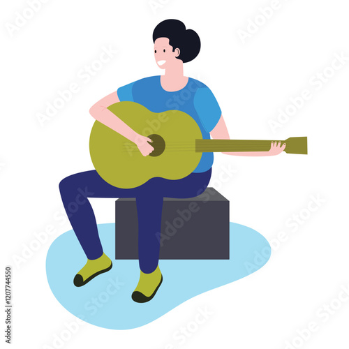 A person with dark hair playing a green acoustic guitar sitting on a dark box