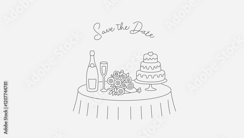 Hand Drawn Banquet Table Food Illustration,Elegant Wedding and Valentine's Day Save the Date Invitation Featuring Champagne, Floral Bouquet, and Tiered Cake Illustration