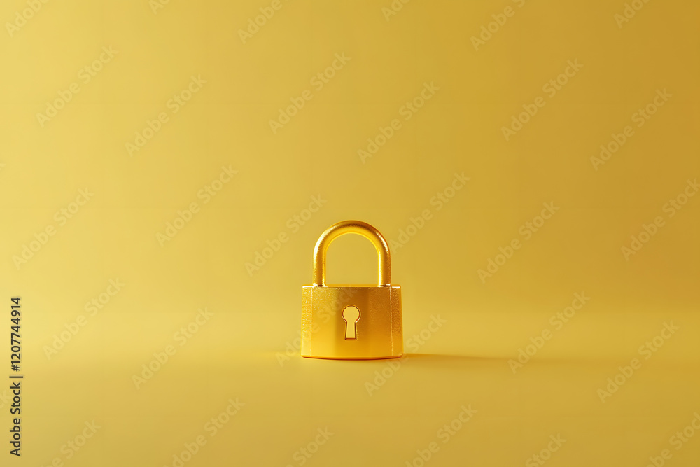 A golden padlock on a yellow background, in an isometric angle, 3D rendering, with a simple and clean design, high resolution, professional photography, studio lighting A golden padlock on a yellow background, in an isometric angle, 3D rendering, with a simple and clean design, high resolution, professional photography, studio lighting