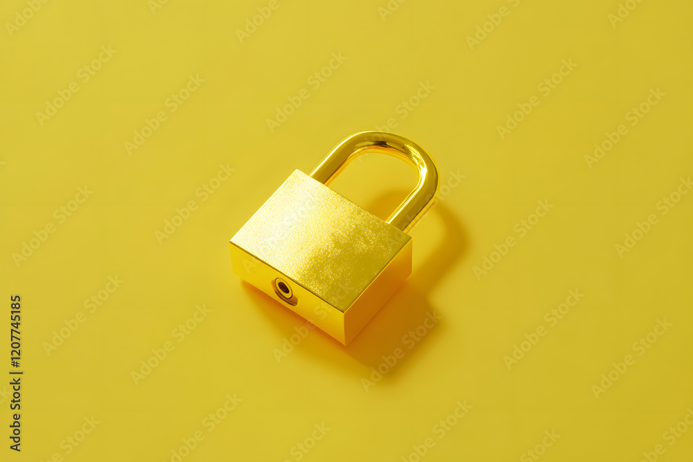 A golden padlock on a yellow background, in an isometric angle, 3D rendering, with a simple and clean design, high resolution, professional photography, studio lighting A golden padlock on a yellow background, in an isometric angle, 3D rendering, with a simple and clean design, high resolution, professional photography, studio lighting