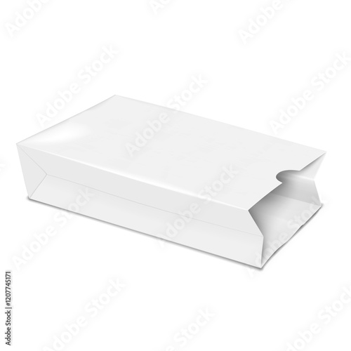 Lying open white food paper bag. Realistic 3d vector mockup. Blank flat bottom gusseted pouch package for groceries, bakery, candies, sweets, etc. Mockup. Template for design