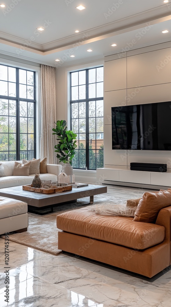 Fototapeta premium Modern living room with large windows and stylish furniture in a contemporary home