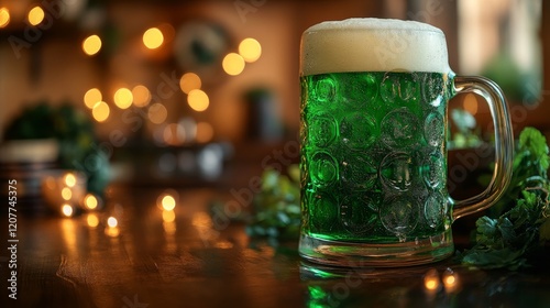 Green beer served in a glass mug surrounded by decorative shamrocks in a fest...