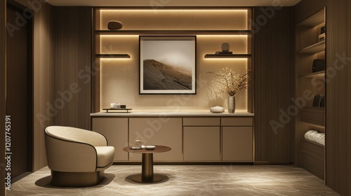 The beige hotel interior is designed for relaxation, featuring a comfortable armchair and a stylish shelf adorned with decorative items.