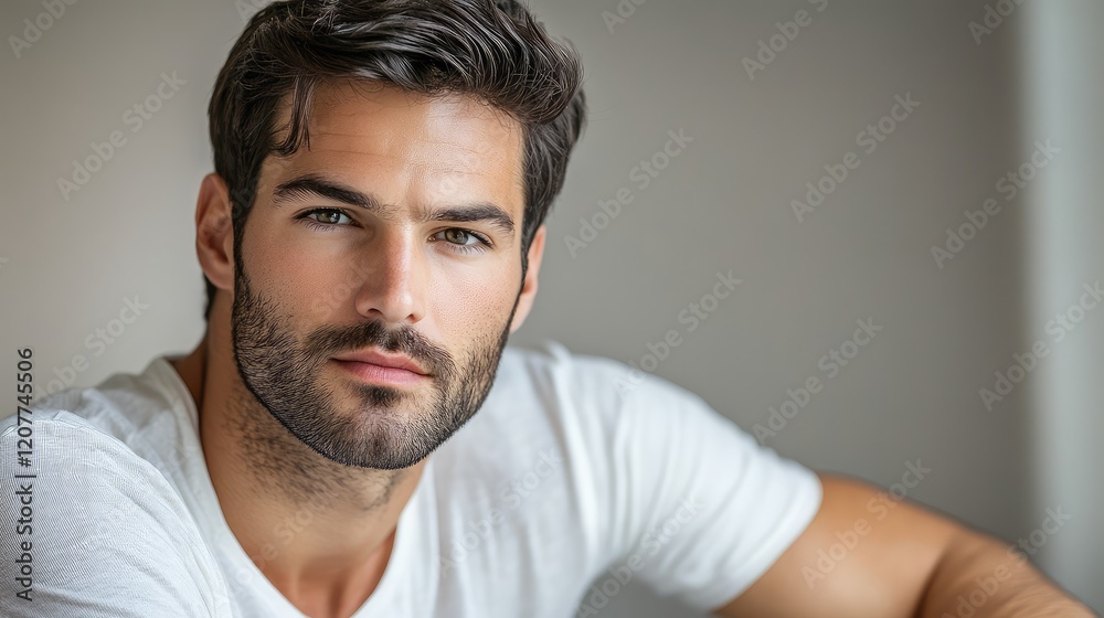 Contemporary male portrait with medium-length hair and defined features wearing a white t-shirt against a neutral background with soft lighting Contemporary male portrait with medium-length hair and defined features wearing a white t-shirt against a neutral background with soft lighting