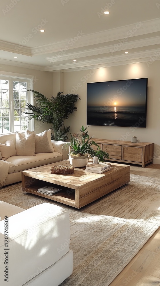 Fototapeta premium Modern living room with large windows and stylish furniture in a contemporary home
