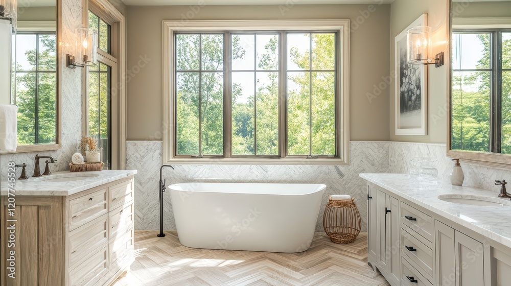 Fototapeta premium The bright bathroom features large windows that allow natural light to flood the space, highlighting the elegant marble walls and herringbone wood floor.