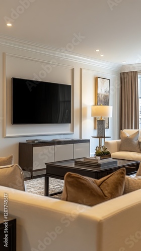 Modern living room with large windows and stylish furniture in a contemporary...