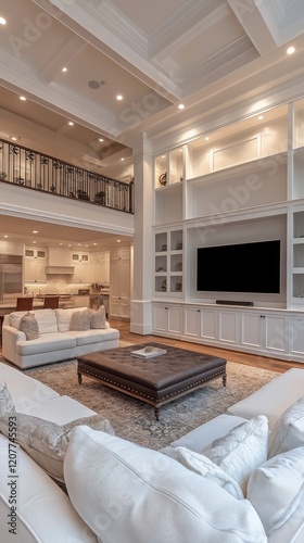 Modern living room with large windows and stylish furniture in a contemporary...