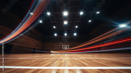 Light trails over empty basketball court.