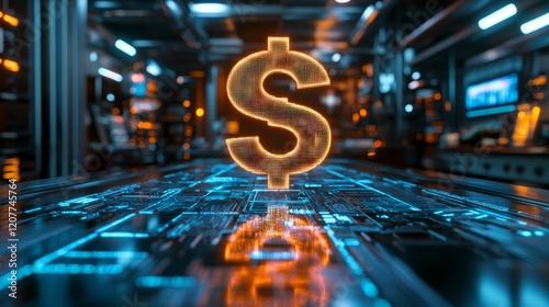 Digital dollar sign glowing on a high-tech circuit board in a futuristic envi...