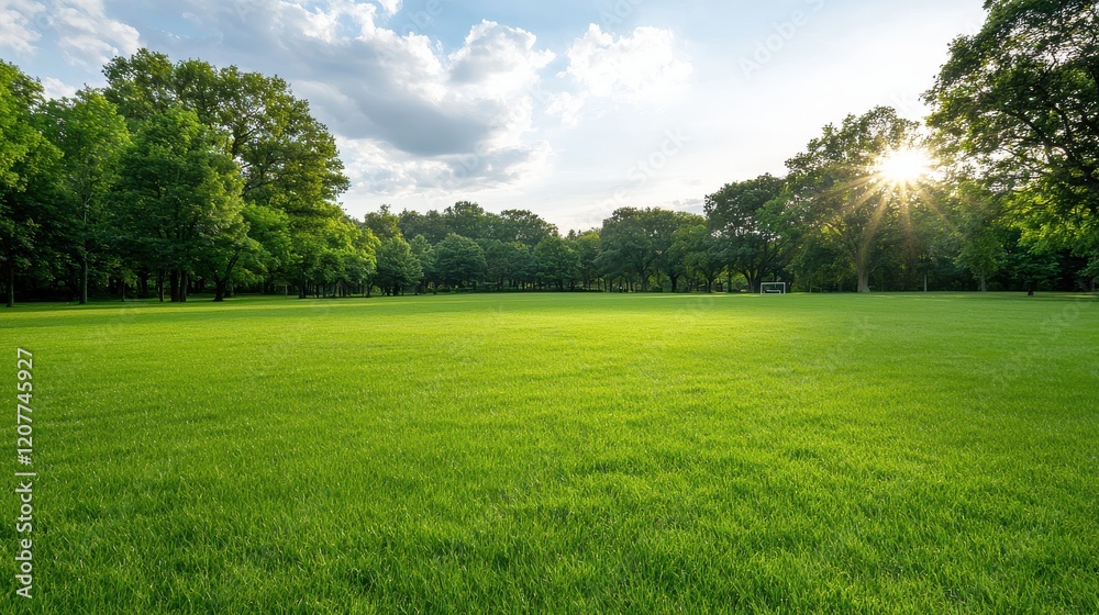 Fototapeta premium Free time Energy Enthusiasm design. Lush green landscape under a bright sky with trees and sunlight.