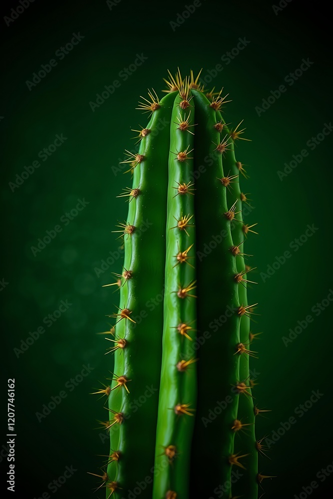 Close-up of a vibrant green cactus with sharp spines against a dark green background. (2) Close-up of a vibrant green cactus with sharp spines against a dark green background. (2)