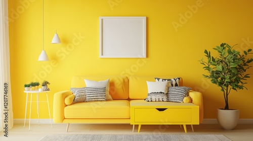 Wallpaper Mural The bright living room interior features a yellow drawer and decorative elements that add a cheerful and vibrant touch to the space. Torontodigital.ca