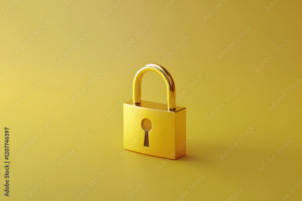 A golden padlock on a yellow background, in an isometric angle, 3D rendering, with a simple and clean design, high resolution, professional photography, studio lighting A golden padlock on a yellow background, in an isometric angle, 3D rendering, with a simple and clean design, high resolution, professional photography, studio lighting