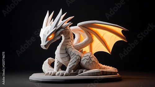 Cute baby dragon figurine, glowing wings, dark background, fantasy art, game asset photo