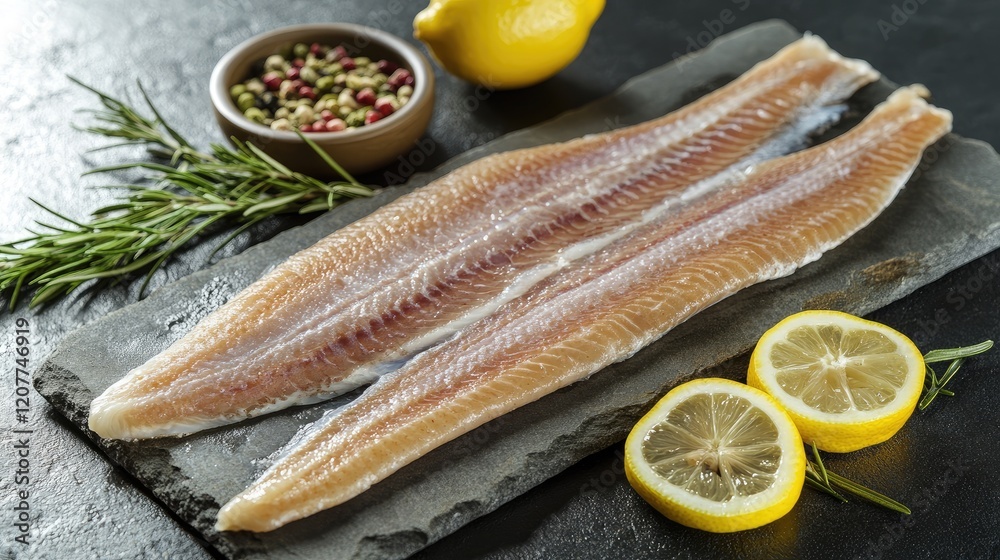 Mediterranean seafood preparation with fresh fish lemon olive oil and herbs on stone countertop vibrant healthy cooking concept Mediterranean seafood preparation with fresh fish lemon olive oil and herbs on stone countertop vibrant healthy cooking concept