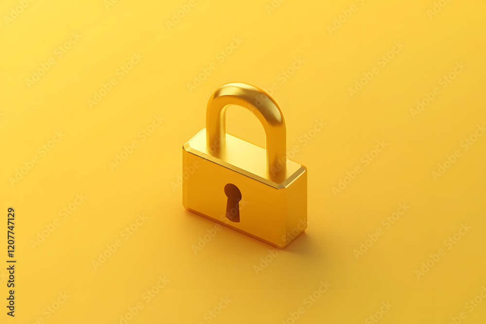 A golden padlock on a yellow background, in an isometric angle, 3D rendering, with a simple and clean design, high resolution, professional photography, studio lighting A golden padlock on a yellow background, in an isometric angle, 3D rendering, with a simple and clean design, high resolution, professional photography, studio lighting