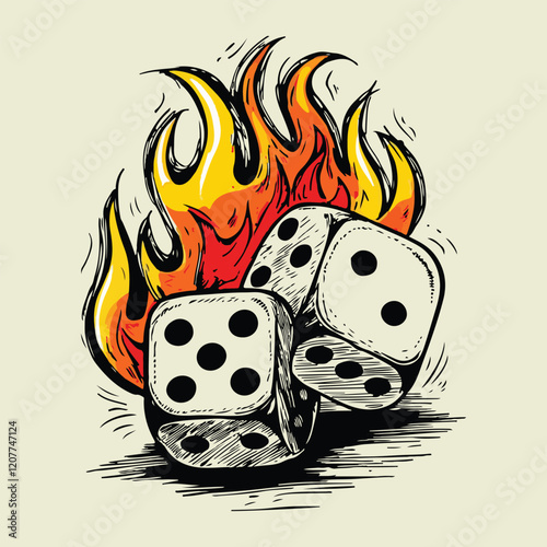 artwork illustration art t-shirt design dice on fire premium vector, Sticker or Element of T-shirt or poster design. Vector Illustration. Dice t shirt print. Game poster for boy clothes.