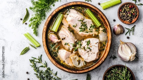 Delicious chicken soup recipe cozy kitchen food photography home setting top view comfort cooking