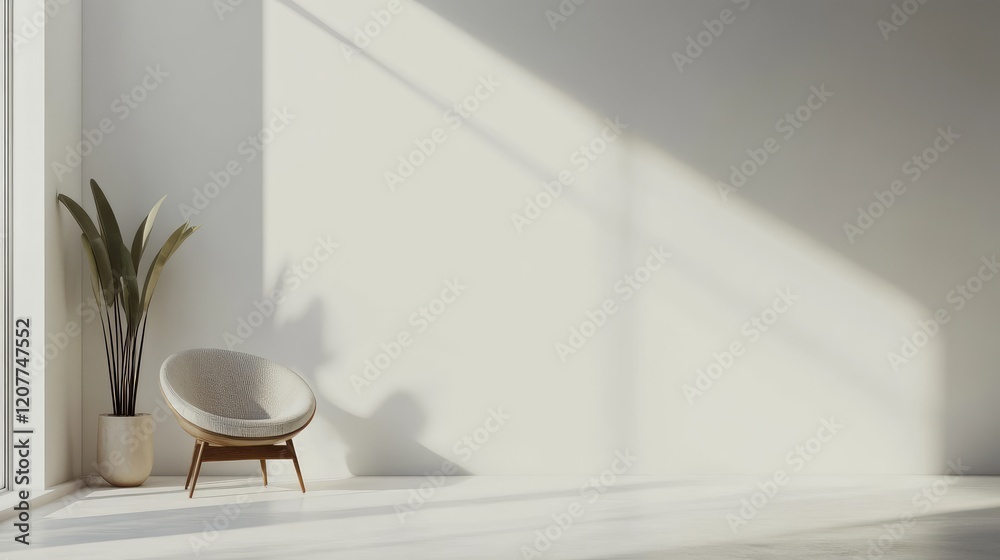 Fototapeta premium Spacious Minimalist Home Interior with Natural Light, Neutral Tones, Indoor Plant, and Elegant Chair in Modern Design Concept