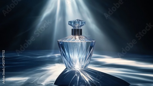 Elegant diamond-shaped perfume bottle glistening under soft light with warm t...
