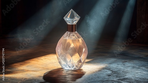 Elegant diamond-shaped perfume bottle glistening under soft light with warm t...