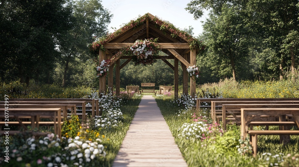 Rustic Wooden Wedding Ceremony in a Sunny Forest Rustic Wooden Wedding Ceremony in a Sunny Forest