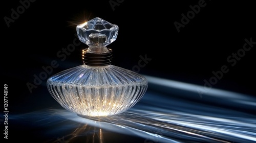 Elegant diamond-shaped perfume bottle glistening under soft light with warm t...