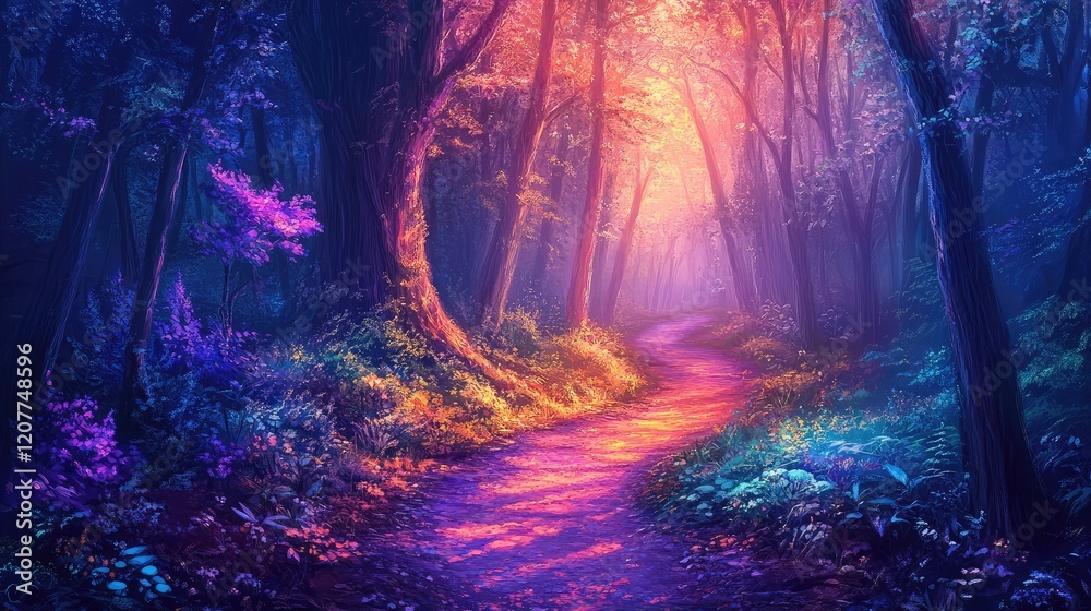 Fototapeta premium Vibrant Forest Trail Illuminated by Multicolored Lights with Lush Greenery and Dense Trees Surrounding the Pathway