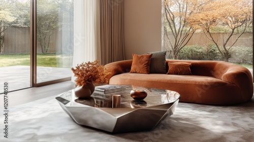 Cozy modern living room with stylish furniture and natural light from large w...