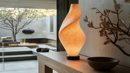 Modern interior design featuring a spiral lamp and decorative elements in a b...