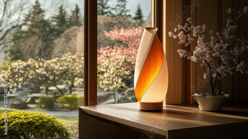 Modern interior design featuring a spiral lamp and decorative elements in a b...