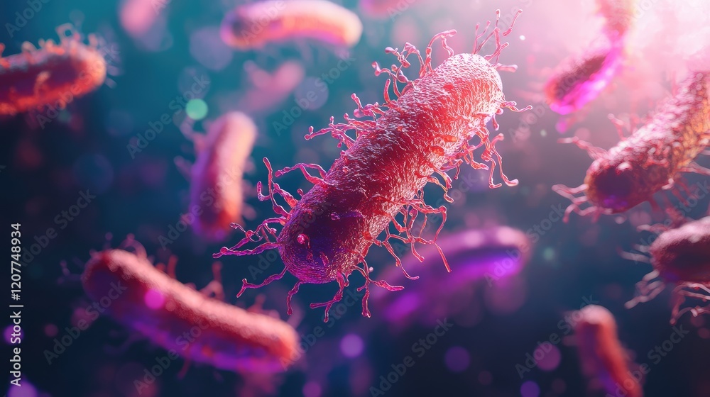 Microscopic View of Bacterial Cells with Colorful Detailing Against a Soft Focus Background in Scientific Illustration Microscopic View of Bacterial Cells with Colorful Detailing Against a Soft Focus Background in Scientific Illustration