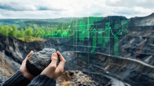 Person Holding Rock with Mining Data Overlay in Nature Landscape