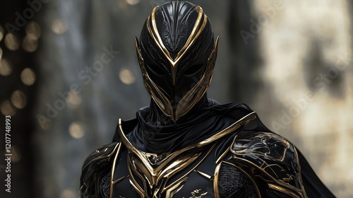 Mysterious cloaked figure in glossy black attire embellished with intricate gold armor, set against a soft-focus ethereal background. photo