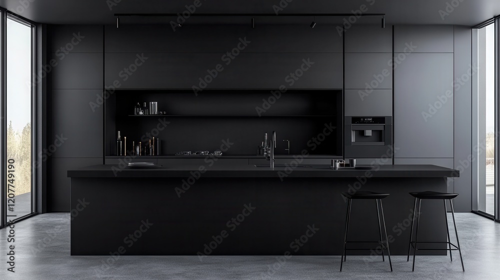 Fototapeta premium The dark home kitchen interior features a sleek bar island and a cooking cabinet, creating a modern and stylish cooking space.