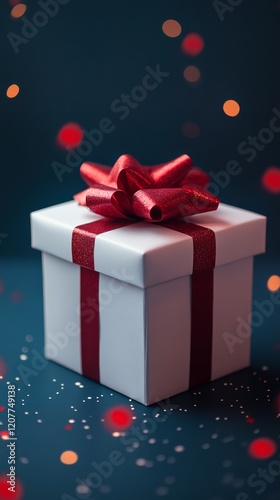 Festive blue gift box with ribbon surrounded by sparkling decorations