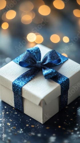Festive blue gift box with ribbon surrounded by sparkling decorations