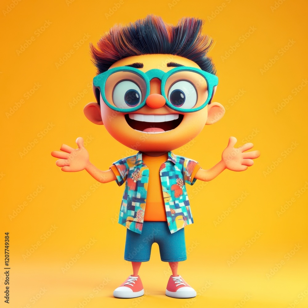 Cheerful Cartoon Boy with Glasses and Colorful Summer Outfit Cheerful Cartoon Boy with Glasses and Colorful Summer Outfit