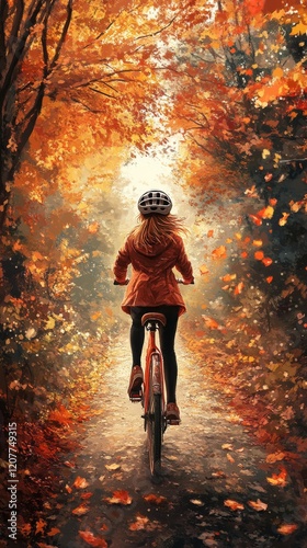 Biking through a tree-lined path adorned with autumn leaves in a peaceful set...
