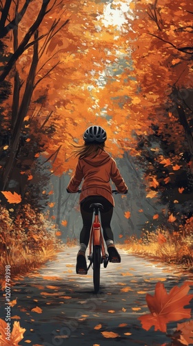 Biking through a tree-lined path adorned with autumn leaves in a peaceful set...