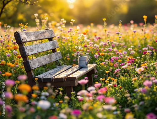 A rustic garden bench surrounded by blooming wildflowers, a watering can placed beside it, golden sunlight illuminating the scene, blurred spring meadow in the background, tranquil and natural vibe
