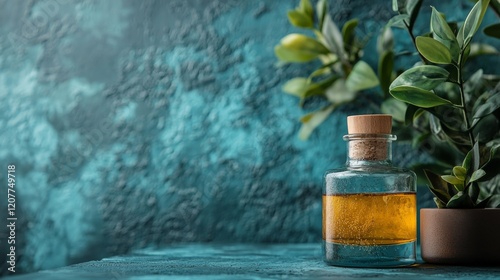Decorative glass bottle filled with amber liquid on a rustic surface in soft ...