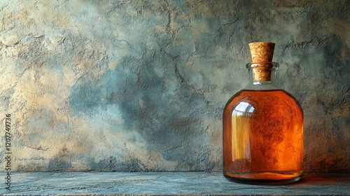 Decorative glass bottle filled with amber liquid on a rustic surface in soft ...