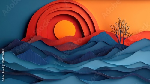 Papercraft Sunset: A vibrant papercraft sunset with layered paper shapes creates a mesmerizing landscape with a lone silhouette of a tree against a bold orange and blue sky. photo