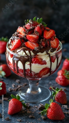 Delicious dessert bowl filled with strawberries and chocolate sauce on wooden...