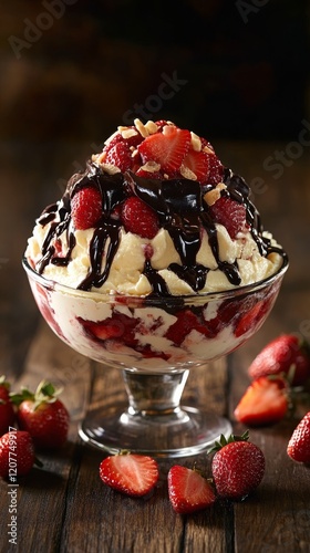 Delicious dessert bowl filled with strawberries and chocolate sauce on wooden...