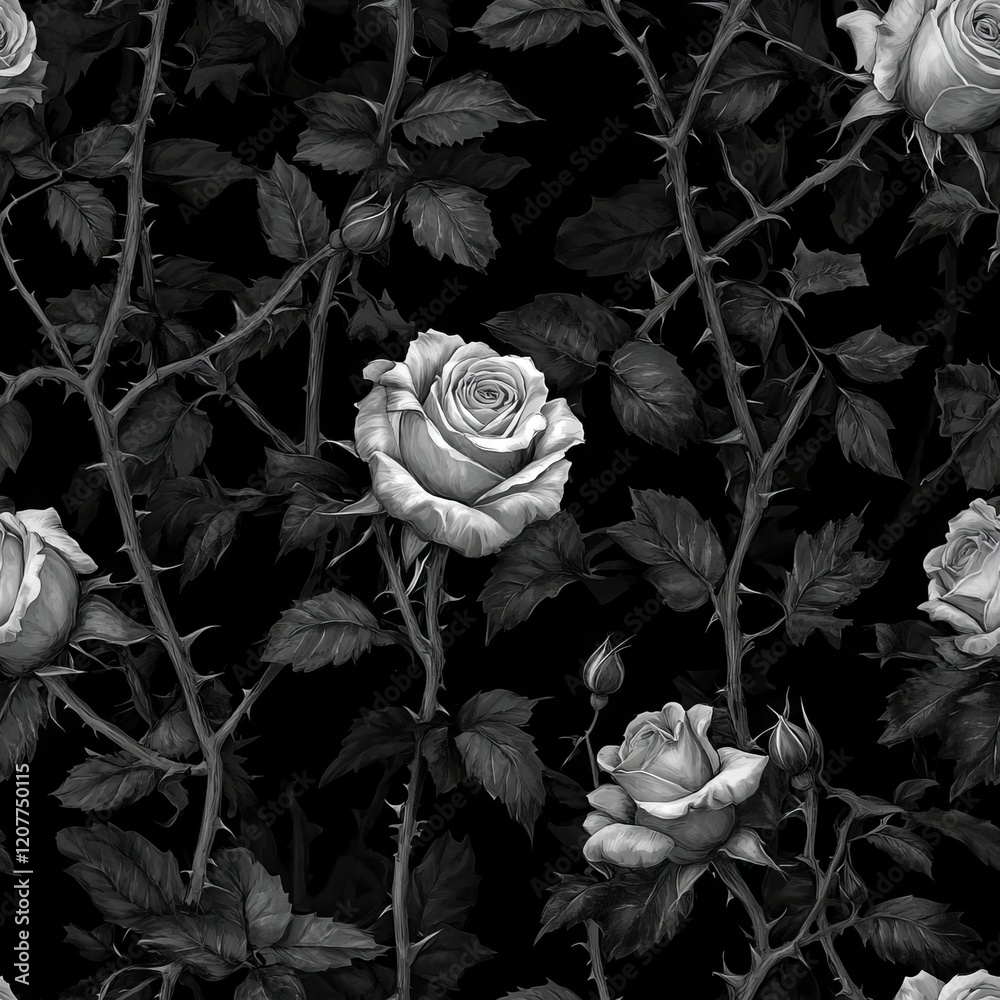 custom made wallpaper toronto digitalSeamless Pattern - Monochrome roses with thorns on a dark background.