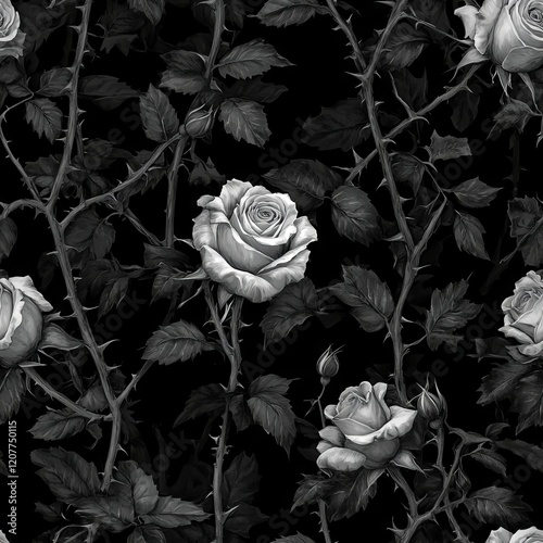 Seamless Pattern - Monochrome roses with thorns on a dark background.